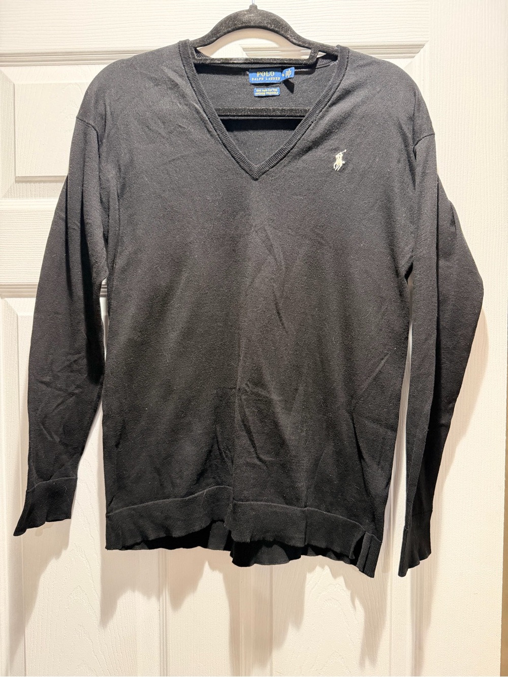 Ralph Lauren Black V-Neck Cotton Polo Sweater with Pony Logo